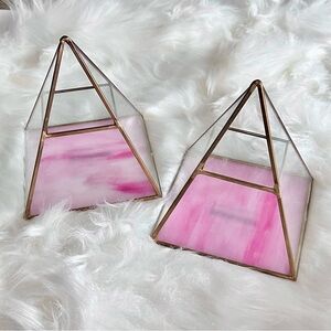NEW! Set of 2 Glass Pyramid Pink Gold Jewelry Storage Organizer Home Decor
